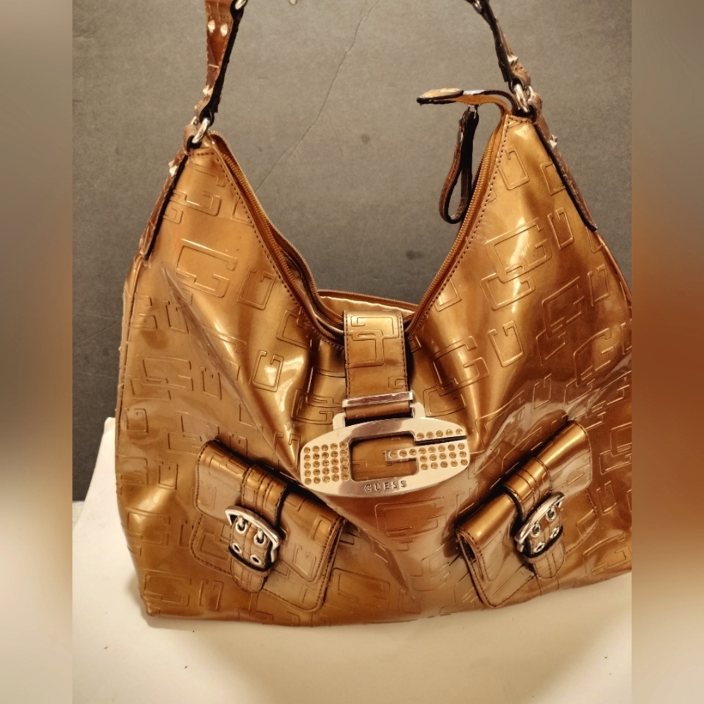 Vintage Bronze Large Vinyl Guess handbag.